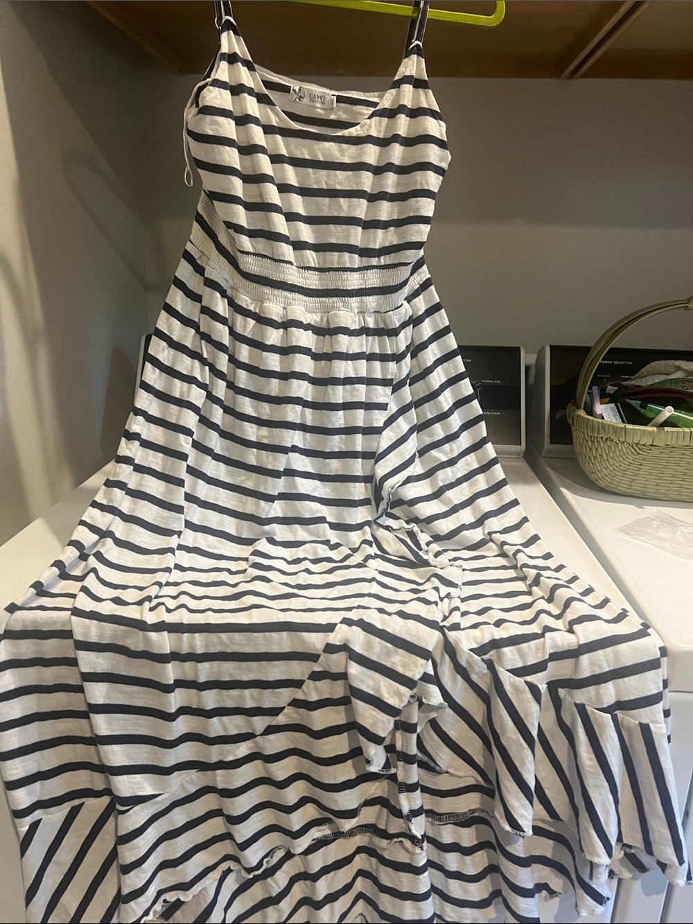 Carve Designs Striped White & Navy Maxi Dress with Ruffle Detail